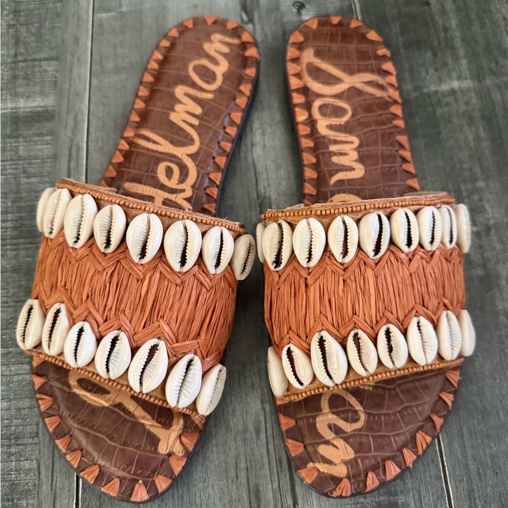 Sam Edelman Size 8 Gale Shell Embellished Raffia Slide Sandals NWOB - Picture 2 of 8